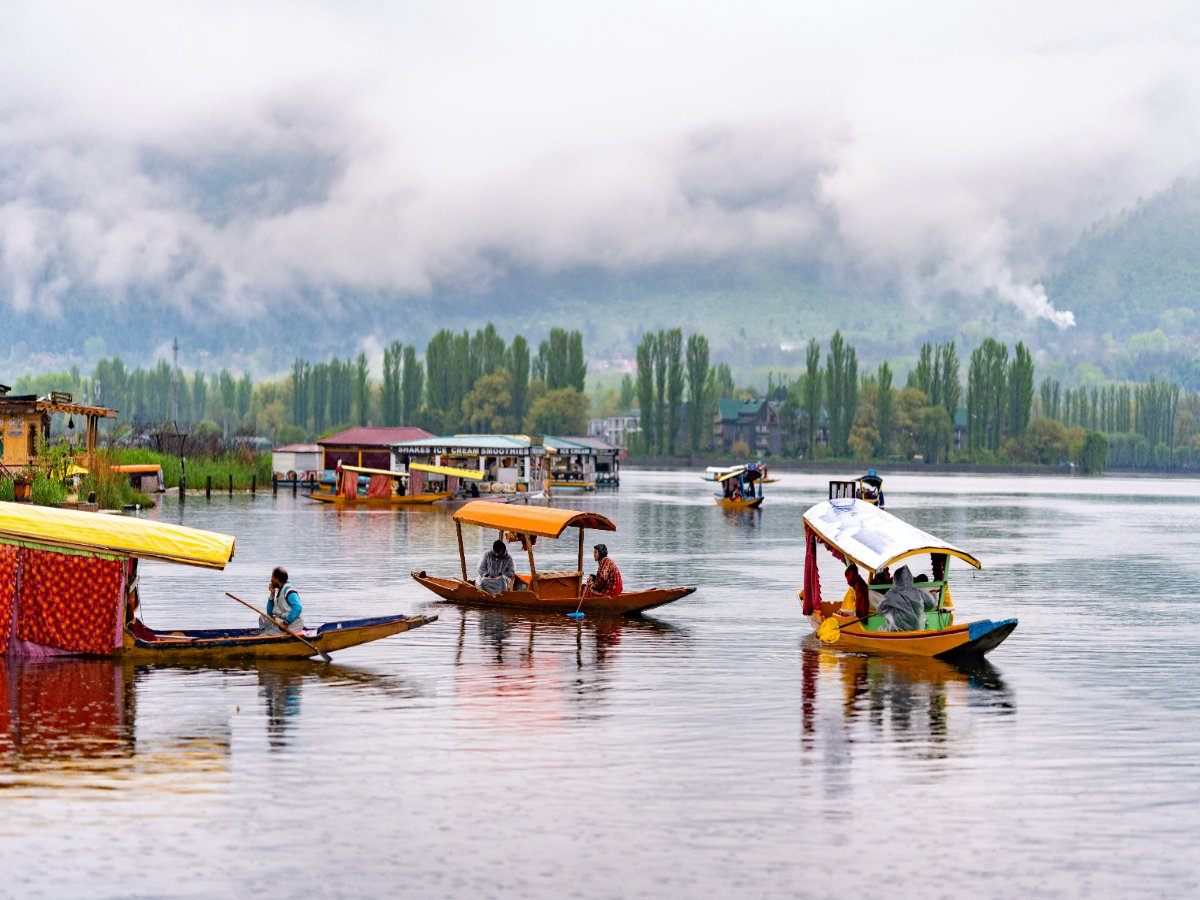 Traditional Shikara boats on Dal Lake with snow-capped Himalayan mountains in Kashmir